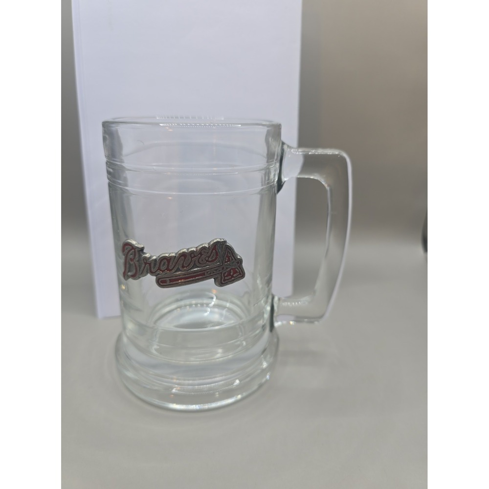 Braves Clear Glass Advertising Mug Stein w/ Handle Raised Logo